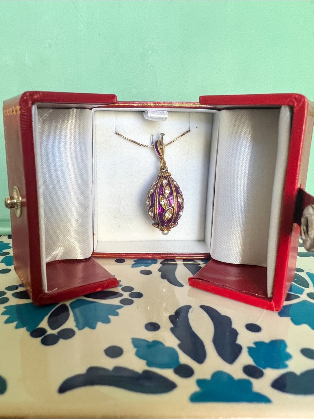Purple Enamel Egg Pendant Necklace Gold-Tone Crystal Accents w/ Original Box
